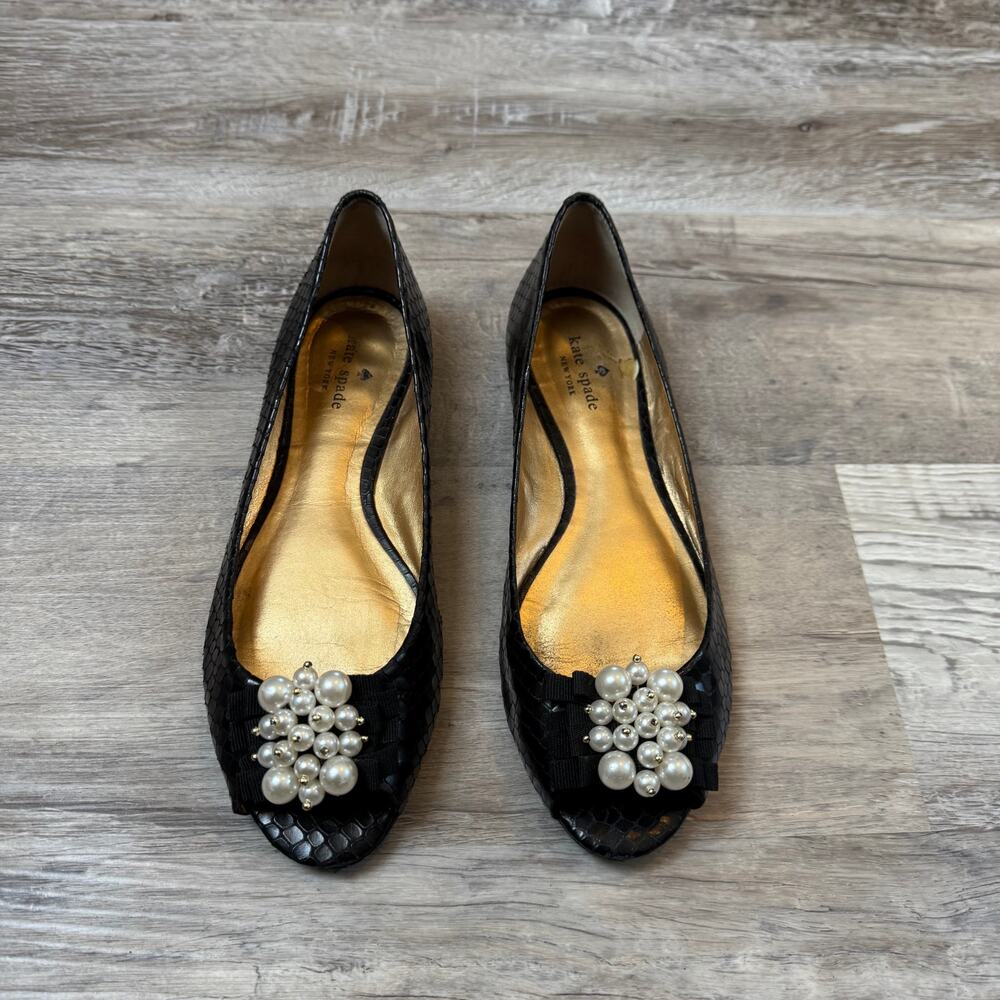 Kate Spade Ollie Snakeskin Leather Peep Toe Flats Pearl Bow Coquette 7.5